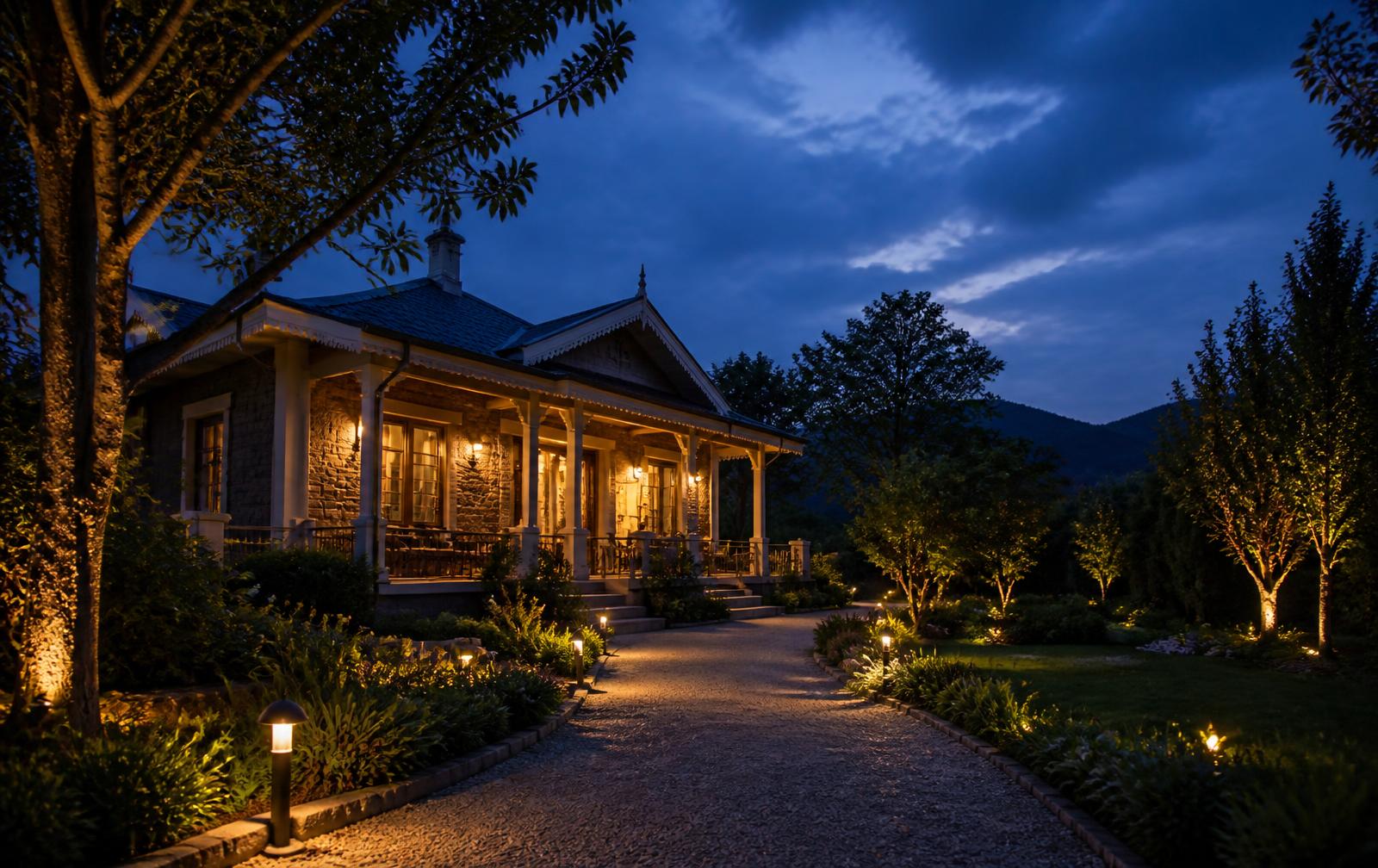 A guest house and garden path lit at dusk
