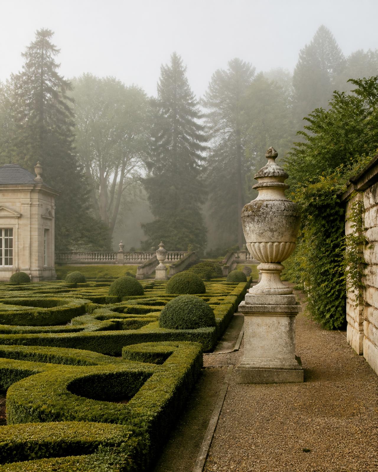 A formal estate garden with clipped boxwood parterre in morning mist